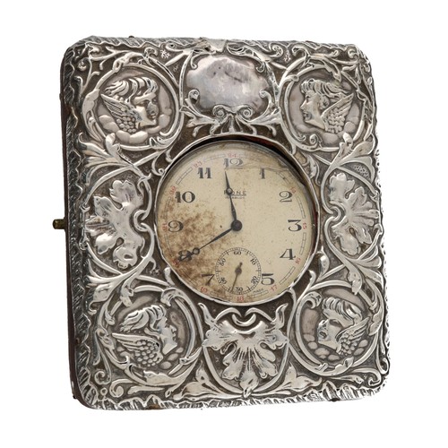 66 - Rone chrome cased pocket watch in a repoussé silver bound travel case decorated with putti, Birmingh... 