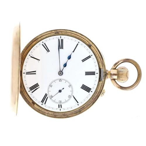 69 - Gold plated half hunter lever pocket watch, unsigned movement, hinged cuvette, Roman numeral dial, p... 