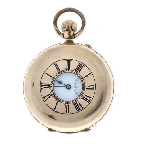 69 - Gold plated half hunter lever pocket watch, unsigned movement, hinged cuvette, Roman numeral dial, p... 