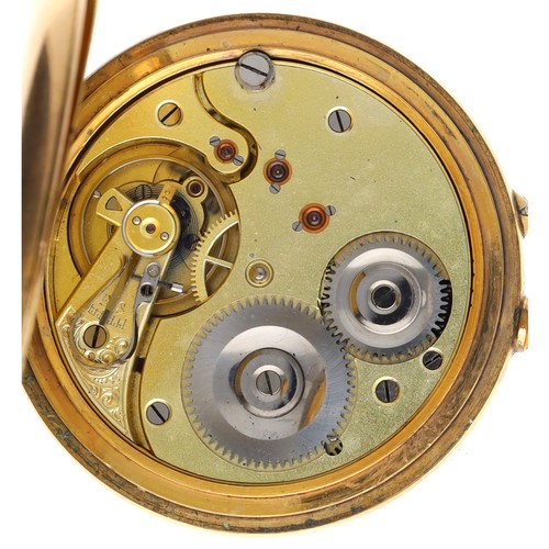 69 - Gold plated half hunter lever pocket watch, unsigned movement, hinged cuvette, Roman numeral dial, p... 