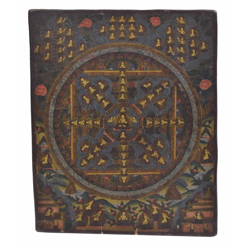 752 - Fine Tibetan wheel of life painted panel, with a central deity figure within a formation of further ... 