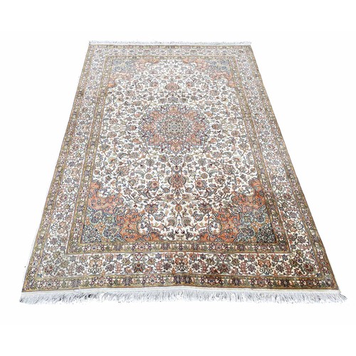 912 - Kashmir silk rug, labelled made in India, 68