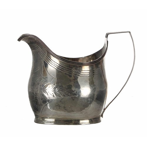 577 - George III silver helmet cream jug, having shallow engraved borders and shield cartouche, the m... 