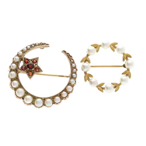 325 - Attractive 9ct pearl and garnet set crescent brooch, 5.3gm, 31mm; with a 9ct cultured pearl circular... 