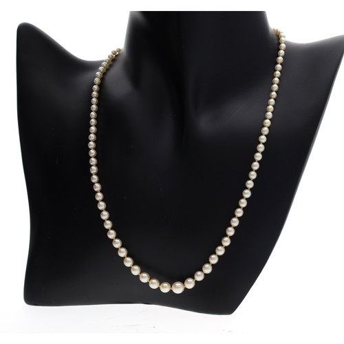 95 - Graduated cultured pearl necklace with a 9ct barrel clasp, the pearls 3mm- 7mm, with safety chain, 1... 