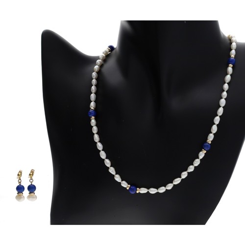 97 - Freshwater Baroque pearl and lapis lazuli necklace with matching earrings, the necklace 11.1gm, 9ct ... 