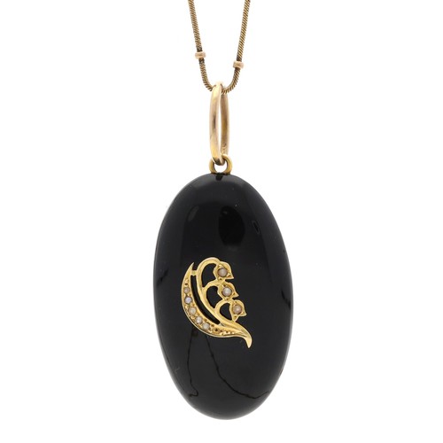 98 - 9ct mounted oval onyx seed pearl set pendant on necklace, the pendant 50mm, 10gm, the necklace 20