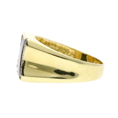 112 - 18ct yellow gold diamond and onyx gentleman's signet ring, round brilliant-cut diamonds, width 12mm,... 