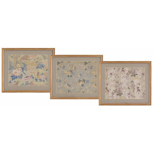 685 - Group of three framed printed textile samples, all with floral prints and one with birds, well prese... 