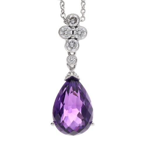 364 - Attractive briolette-cut amethyst and diamond pendant on a slender 18ct white gold necklace by Luke ... 