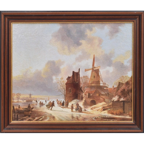 797 - Dutch School (19th century) - Winter scene with figures skating on the ice beside a windmill and oth... 