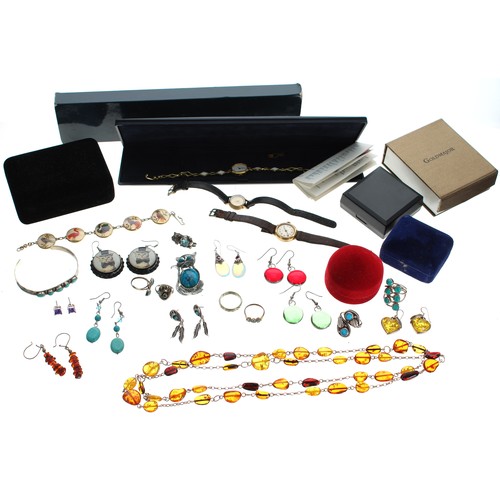 88 - Assorted costume jewellery to include earrings, turquoise set bangle and earrings, lady's wristwatch... 