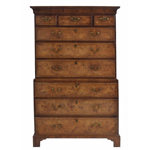 984 - Good 18th century crossbanded walnut chest on chest, the upper with three short and three long gradu... 