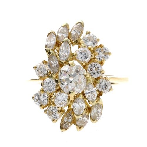 105 - Fine quality 18ct yellow gold mixed-cut diamond cluster ring, with round brilliant, cushion and marq... 