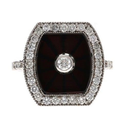 308 - Fine 18ct white gold onyx and diamond dress plaque ring, with a centred round  brilliant-cut diamond... 