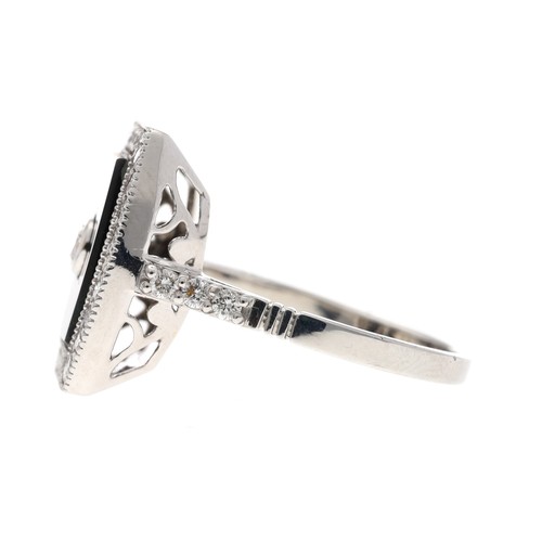 308 - Fine 18ct white gold onyx and diamond dress plaque ring, with a centred round  brilliant-cut diamond... 