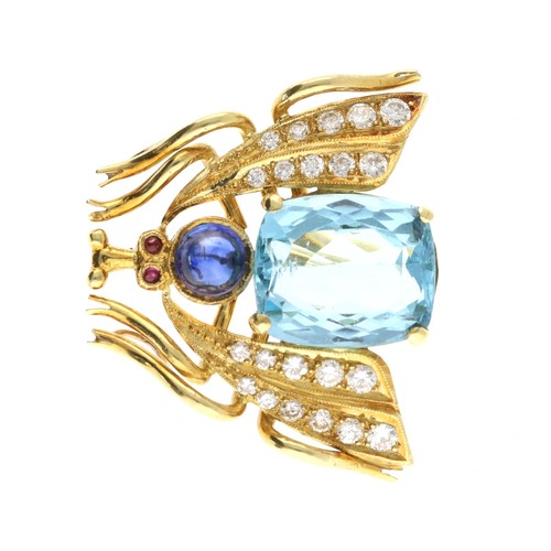 311 - Novelty 18ct yellow gold blue topaz, diamond, cabouchon sapphire and ruby bug brooch, 13.2gm, 28mm x... 