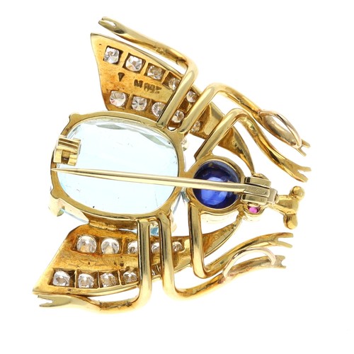 311 - Novelty 18ct yellow gold blue topaz, diamond, cabouchon sapphire and ruby bug brooch, 13.2gm, 28mm x... 