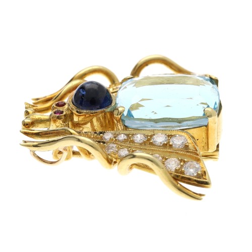 311 - Novelty 18ct yellow gold blue topaz, diamond, cabouchon sapphire and ruby bug brooch, 13.2gm, 28mm x... 