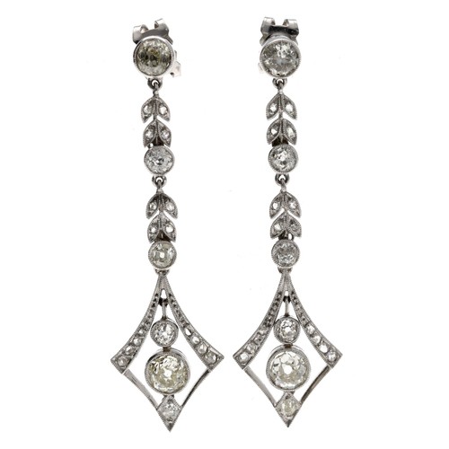 366 - Fine quality pair of diamond drop earrings, round old-cut diamonds in a white metal millegrain setti... 