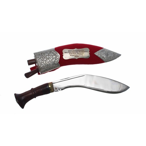 767 - Nepalese Army presentation Kukri knife, with two small knives and metal mounted red baize covered sc... 