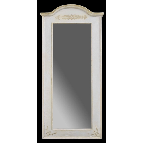 989 - Decorative painted and gilt highlighted wall mirror, the plain glass within an arched frame with gil... 