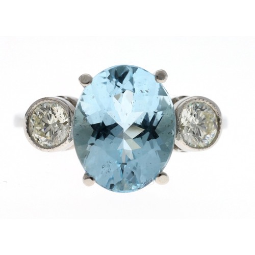 297 - Good modern platinum aquamarine and diamond three stone ring, the oval aquamarine 3.20ct approx, wit... 