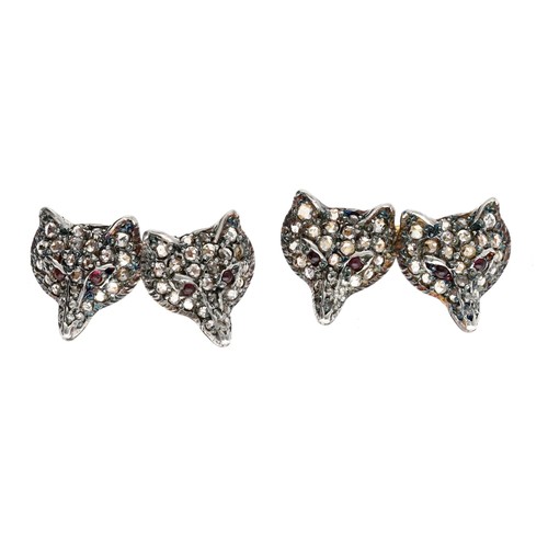 371 - Pair of novelty 9ct and silver pavé rose diamond fox cufflinks, with cabouchon pink gem set eyes, 5.... 