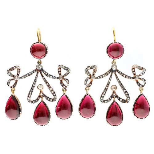 372 - Impressive pair of silver and 9ct bow design cabouchon garnet and diamond drop earrings, hook backs,... 