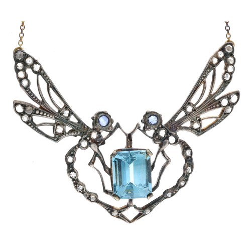 298 - Attractive 18ct and silver set blue topaz and diamond set double dragonfly necklace, the topaz 5.00c... 