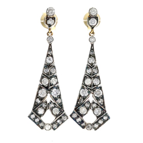 373 - Pair of 18ct and silver antique style tapered diamond drop earrings, estimated 1.50ct approx in tota... 