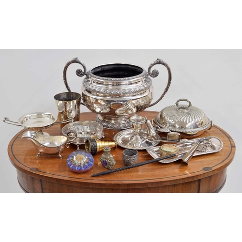 579 - Phillip Ashberry & Sons Sheffield plated trophy rose bowl, with twin-cast scroll handles and opp... 