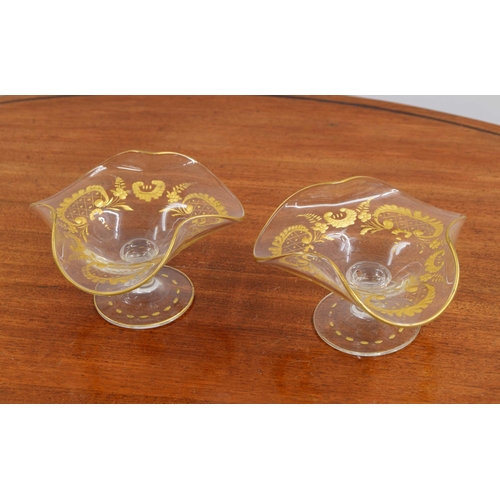 621 - Pair of French glass pedestal dishes with etched gilt foliate and scroll decoration gilt decoration,... 