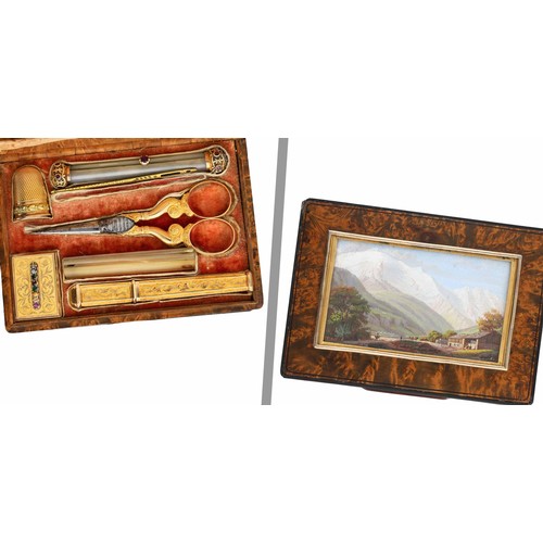 619 - Fine French 19th century etui in a burr yew case inset with a painted mountainous landscape panel, s... 