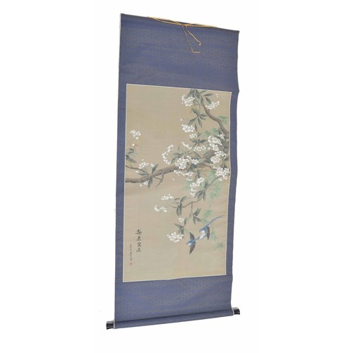 761 - Chinese watercolour on scroll, depicting blossom on a branch, 71