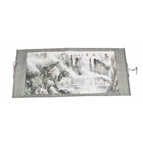 763 - Chinese watercolour on scroll of a mountain and waterfall scene, landscape image 67