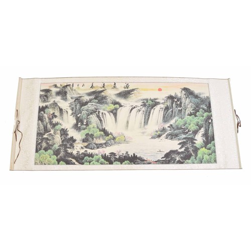 764 - Chinese watercolour on scroll of mountain and waterfall scene, landscape image 67