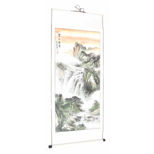 765 - Chinese watercolour on scroll of mountain and waterfall, 69