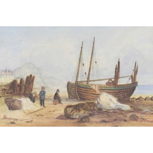 794 - English School (19th/20th century) - Beach scene at low tide with figures and fishing boats, also co... 