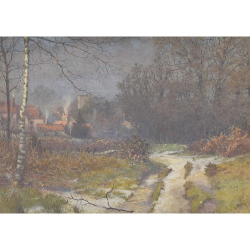 789 - Attributed to Edward Wilkins Waite RBA., (1854-1924) - Somerset village in winter inscribed on a lat... 