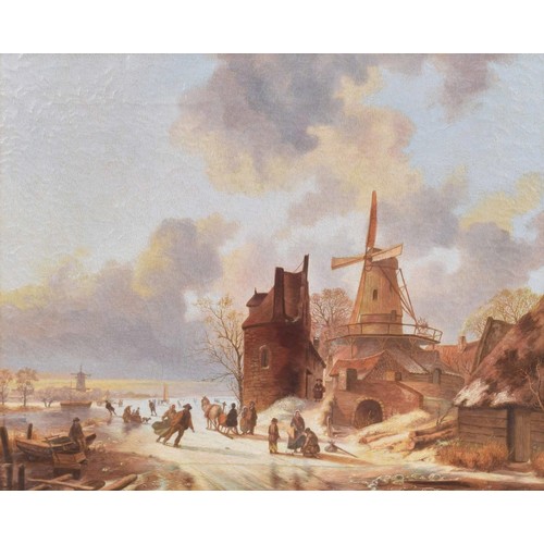 797 - Dutch School (19th century) - Winter scene with figures skating on the ice beside a windmill and oth... 