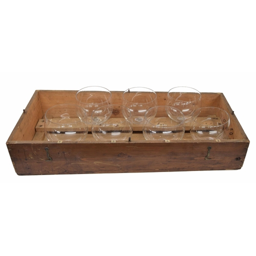 1507 - Set of seven large musical glasses in original varnished pine box, unsigned but made in England, fir... 