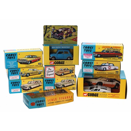 3 - Group of nine Corgi Model Club (re-issue) model automobiles; also set of garage attendant figures, b... 