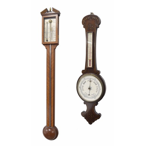 1001 - Contemporary mahogany inlaid stick barometer, the silvered scale signed Comitti, Holborn, over a fla... 