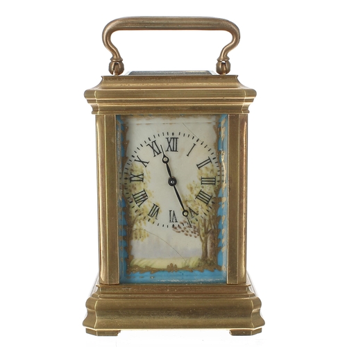 1221 - Miniature contemporary carriage clock timepiece with painted porcelain panels, the movement back pla... 