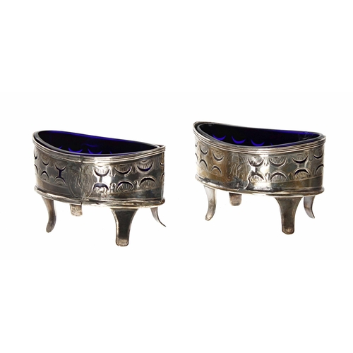 514 - Pair of Georgian boat shaped silver salts with bright-cut decoration, maker TW possibly Thomas Wheat... 