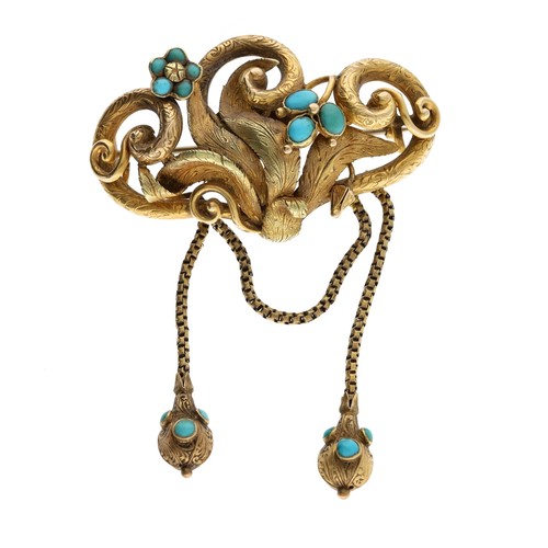 31 - Victorian yellow metal turquoise set brooch, of scroll foliate form set with two tassels, 12.7gm, 48... 