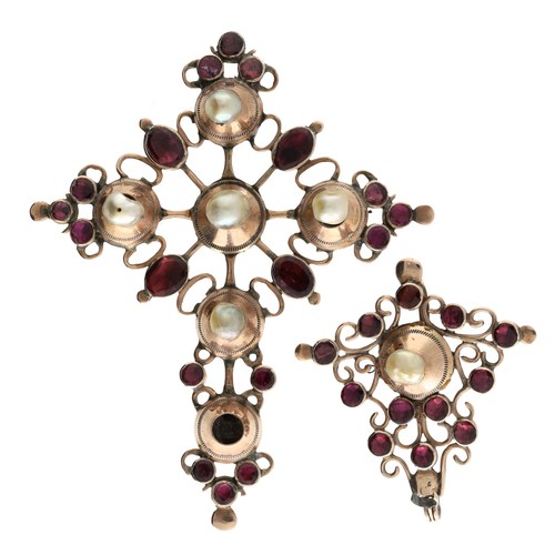 106 - Antique gold backed pearl and garnet pendant, 16.5gm, 116mm x 62mm (at fault)... 