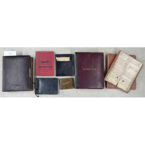 16 - Old leather bound family photograph album containing black and white portraits; also with a stamps a... 