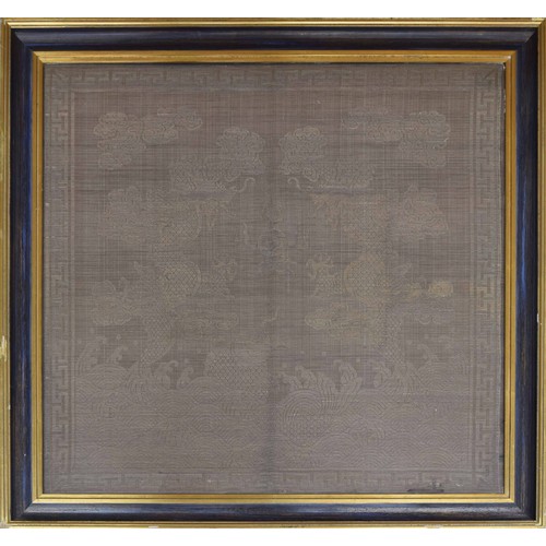 27 - 19th century Chinese silver thread embroidered square brocade panel, depicting two dragons over wate... 